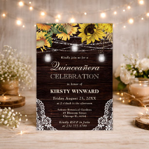 Rustic Sunflower & Mason Jar Lights Quinceanera Invitation
