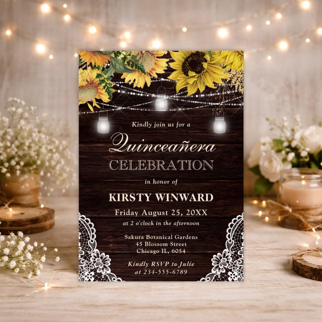 Rustic Sunflower & Mason Jar Lights Quinceanera Invitation (Creator Uploaded)