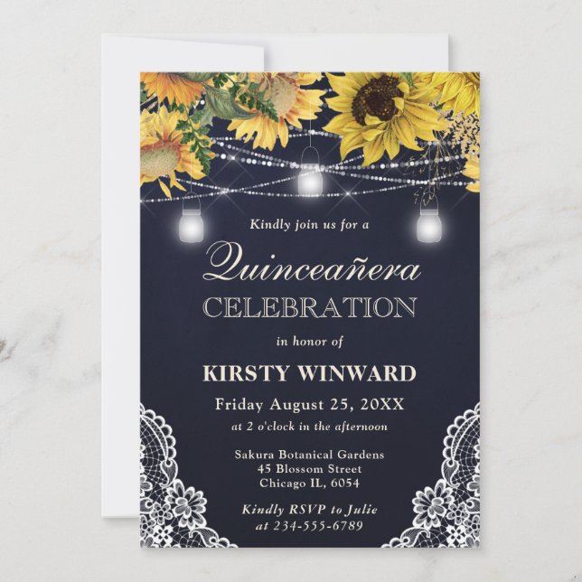 Rustic Sunflower & Mason Jar Lights Quinceanera Invitation (Front)