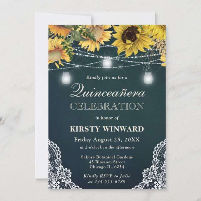 Rustic Sunflower & Mason Jar Lights Quinceanera Invitation (Front)