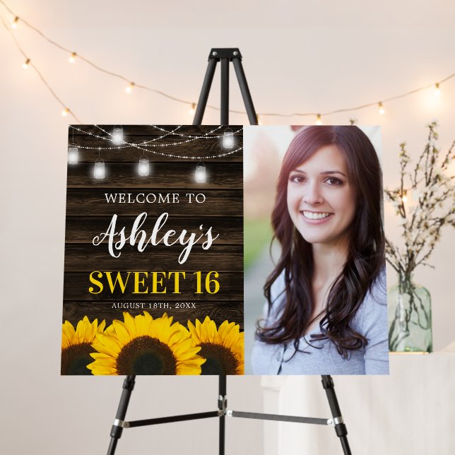 Rustic Sunflower Mason Jar Lights Sweet 16 Photo Foam Board (In Situ (Stand))