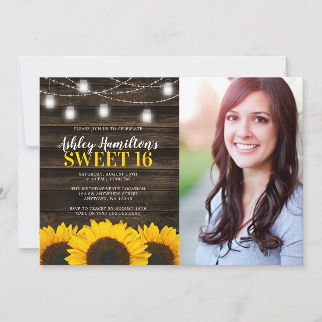 Rustic Sunflower Mason Jar Lights Sweet 16 Photo Invitation (Front)