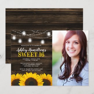 Rustic Sunflower Mason Jar Lights Sweet 16 Photo Invitation