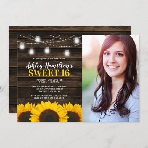 Rustic Sunflower Mason Jar Lights Sweet 16 Photo Invitation