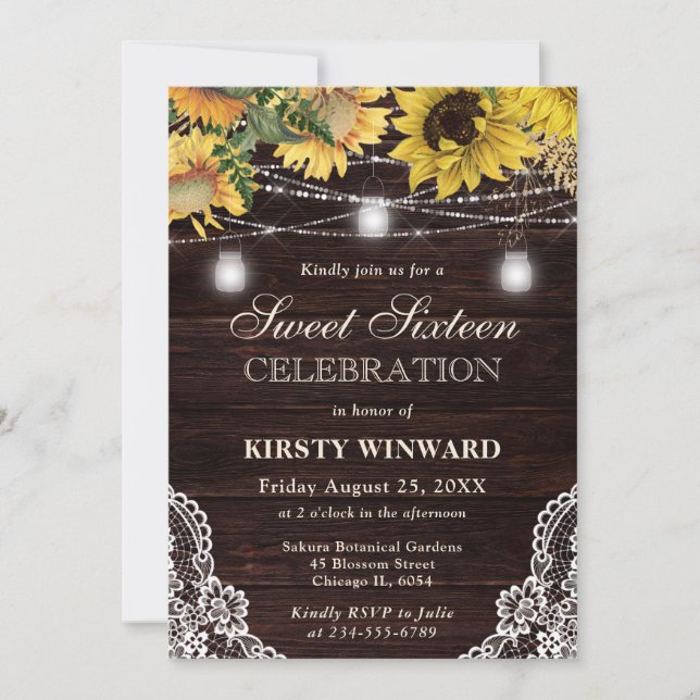 Rustic Sunflower & Mason Jar Lights Sweet Sixteen Invitation (Front)