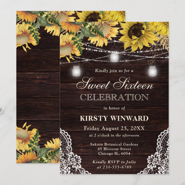 Rustic Sunflower & Mason Jar Lights Sweet Sixteen Invitation (Front/Back)
