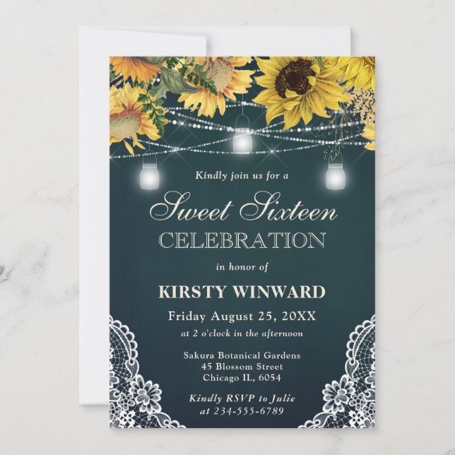 Rustic Sunflower & Mason Jar Lights Sweet Sixteen Invitation (Front)