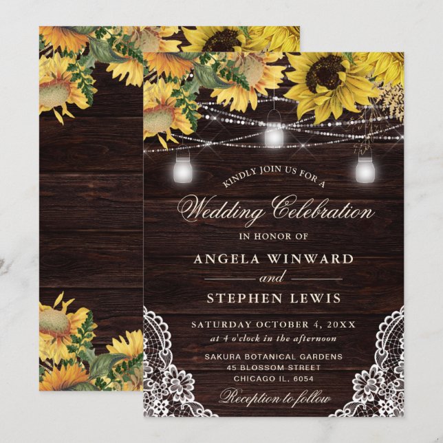 Rustic Sunflower & Mason Jar Lights Wedding Invitation (Front/Back)