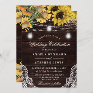 Rustic Sunflower & Mason Jar Lights Wedding Invitation
