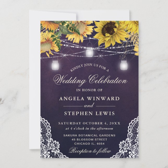 Rustic Sunflower & Mason Jar Lights Wedding Invitation (Front)
