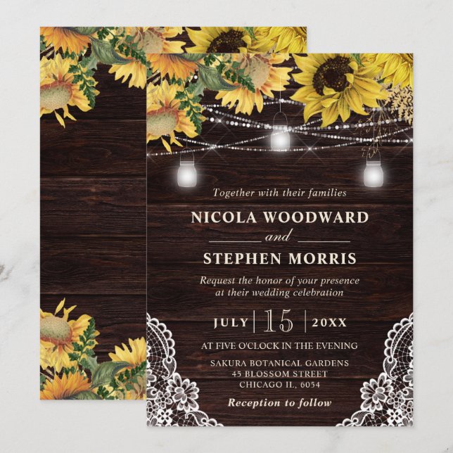 Rustic Sunflower & Mason Jar Lights Wedding Invitation (Front/Back)