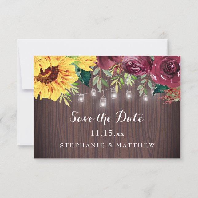 Rustic Sunflower Mason Jar Lights Wood Wedding Save The Date (Front)