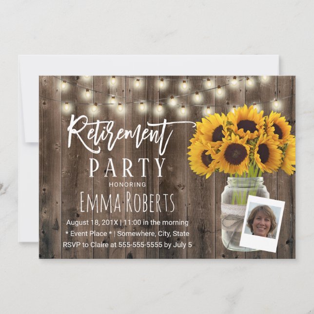Rustic Sunflower Mason Jar Photo Retirement Invitation (Front)