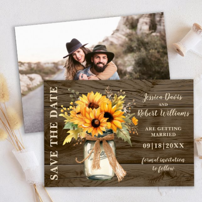 Rustic Sunflower Mason Jar Save the Date (Rustic Sunflowers String lights save the date )
