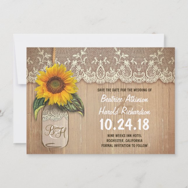 rustic sunflower mason jar save the date cards (Front)