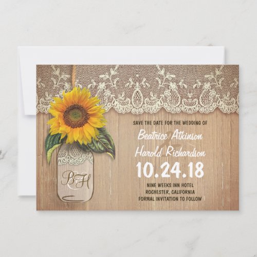 rustic sunflower mason jar save the date cards - Rustic old wood background, vintage ivory lace and cute mason jar with sunflower blossom hanging on the little rope - perfect country save the date card with mason jars and sunflowers accents.