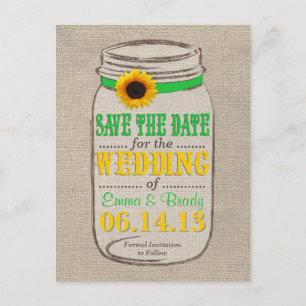 Rustic Sunflower & Mason Jar Save the Date Green Announcement Postcard
