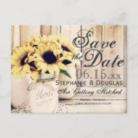 Rustic Sunflower Mason Jar Save the Date Postcards