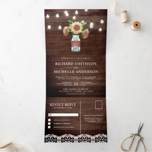 Rustic Sunflower Mason Jar String Lights Wedding Tri_Fold Invitation