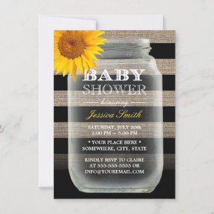 Rustic Sunflower Mason Jar & Stripes Baby Shower Invitation