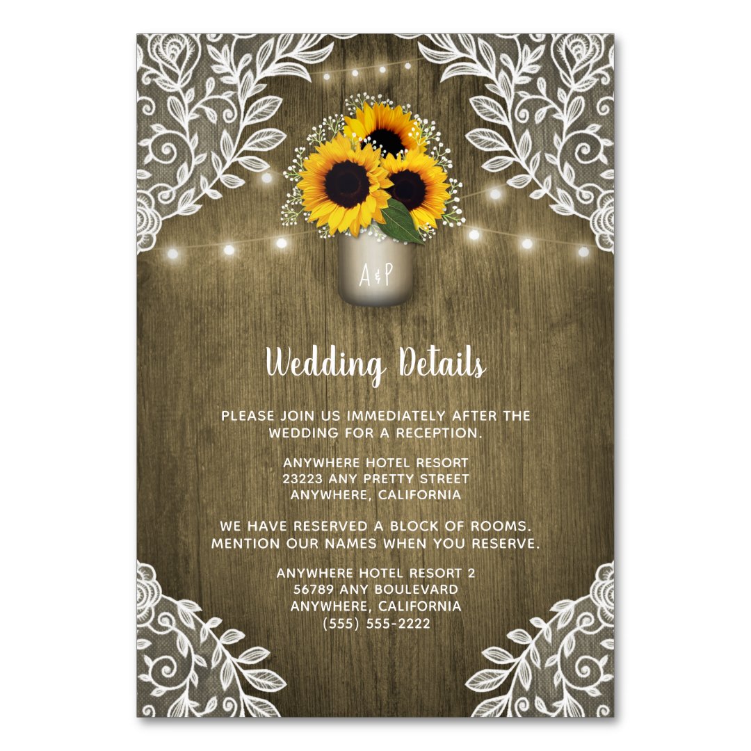 Rustic Sunflower Mason Jar Wedding Insert Cards Zazzle