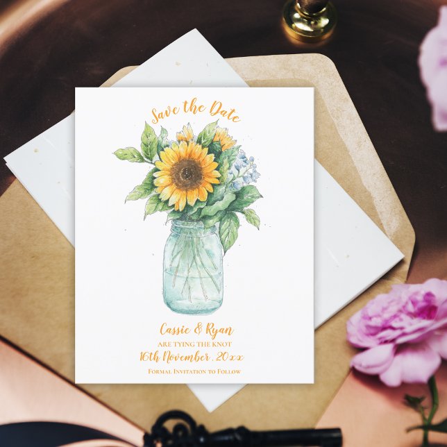 Rustic Sunflower Mason Jar Wedding Save the Date Postcard (Rustic Sunflower Mason Jar Wedding Save the Date Postcard)