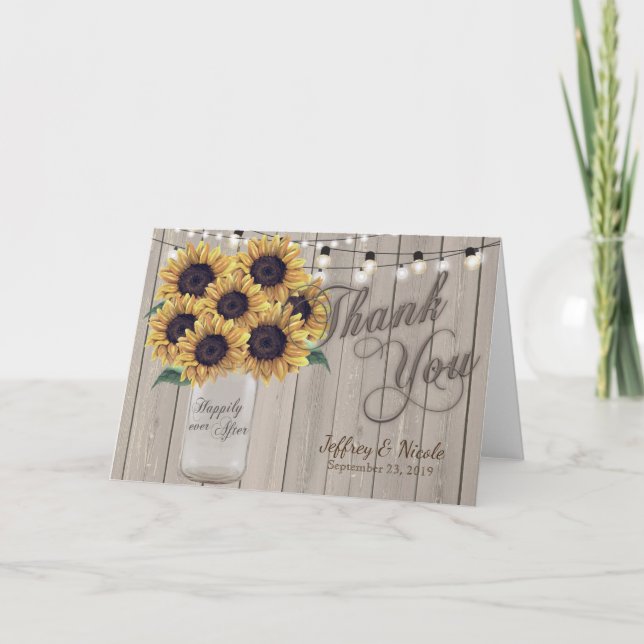 Rustic Sunflower Mason Jar Wedding Thank You Card (Front)