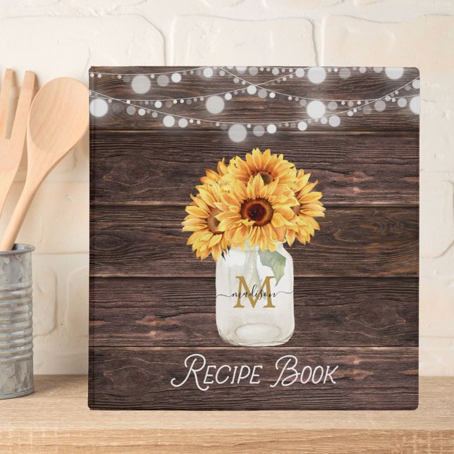 Rustic Sunflower Mason Jar Wood Recipe Cookbook 3 Ring Binder (In situ)