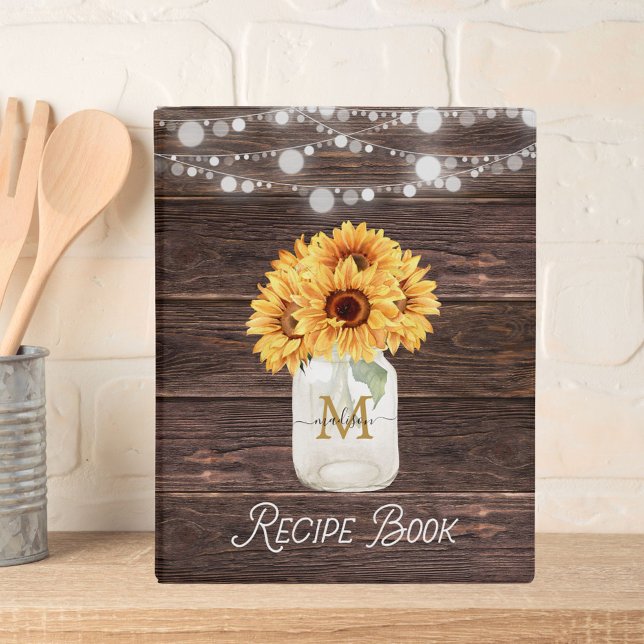 Rustic Sunflower Mason Jar Wood Recipe Cookbook Mini Binder (In situ)