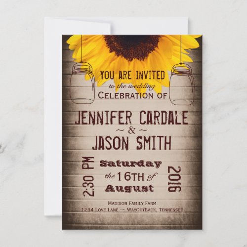 Rustic Sunflower Mason Jars Wedding Invitations