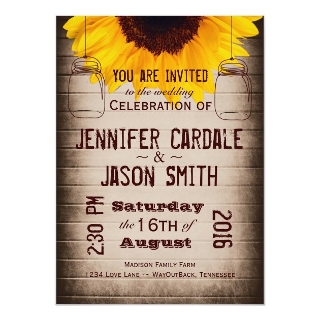 Rustic Sunflower Mason Jars Wedding Invitations