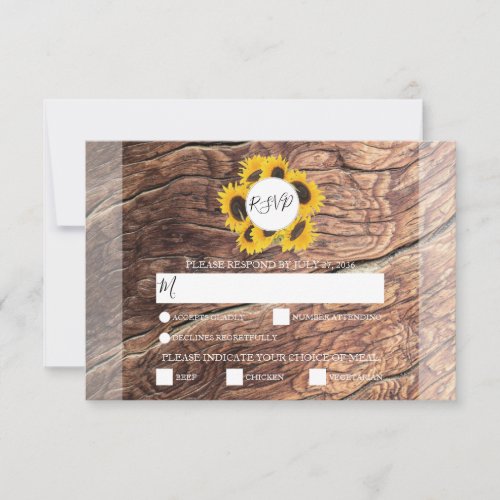 Rustic Sunflower Meal Options Wedding RSVP Cards
