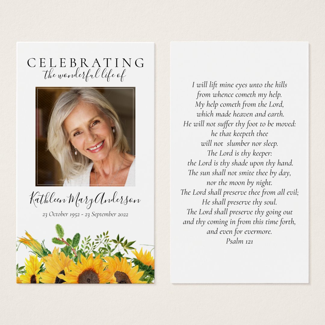 Rustic Sunflower Memorial Prayer Card | Zazzle