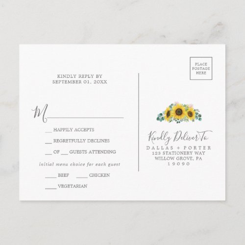 Rustic Sunflower Menu Choice Wedding RSVP Postcard