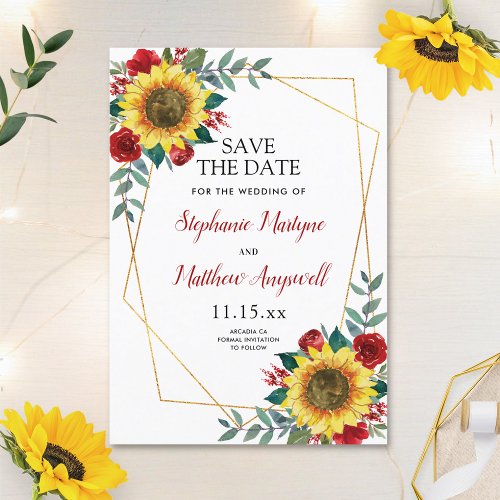 Rustic Sunflower Modern Red Floral Wedding Save The Date