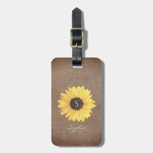 Rustic Sunflower Monogram Burlap Luggage Tag