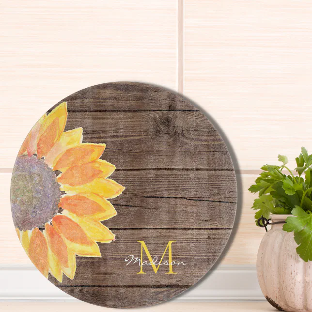 Discover Rustic Sunflower Monogram Cutting Board