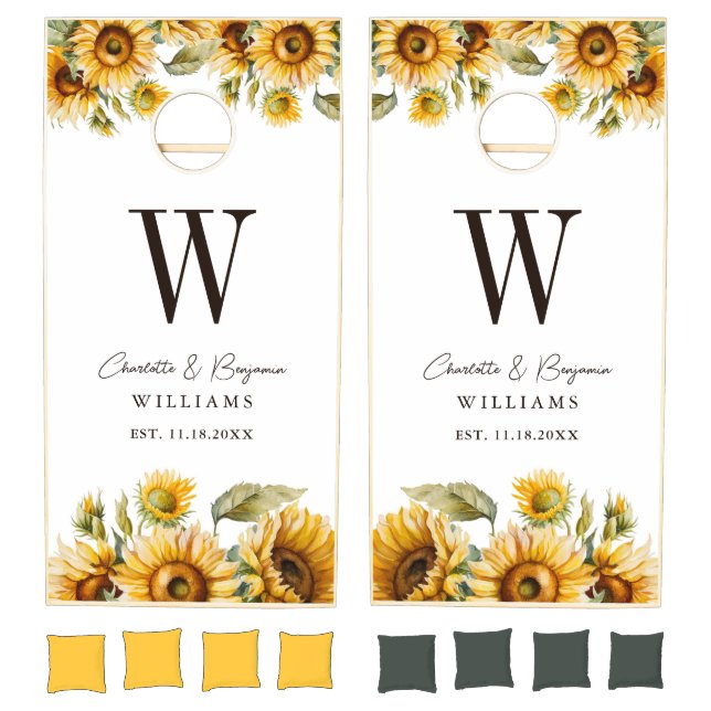 Rustic Sunflower Monogram Floral Wedding Cornhole Set (Set)