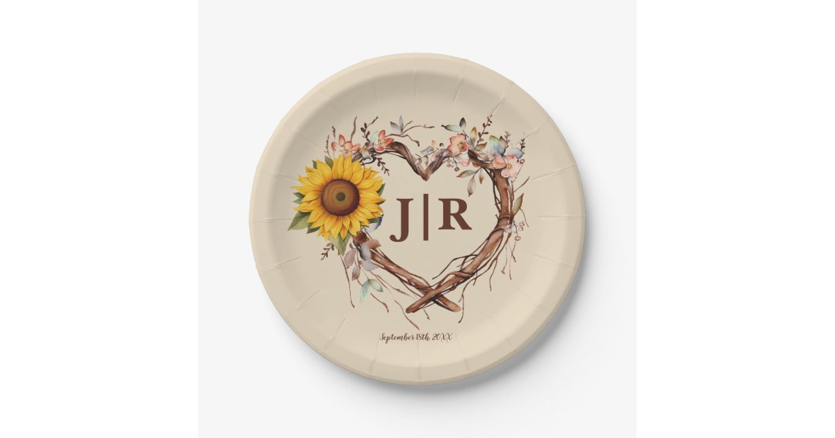 Rustic Sunflower Monogram Wedding Heart Branch Pla Paper Plates | Zazzle