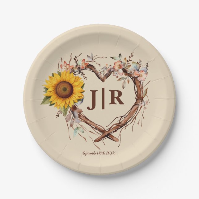 Rustic Sunflower Monogram Wedding Heart Branch Pla Paper Plates (Front)