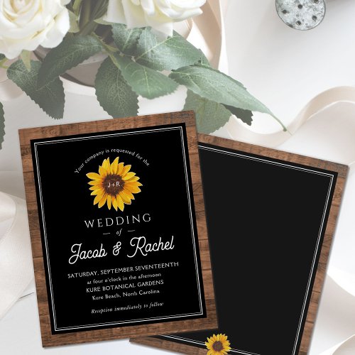 Rustic Sunflower Monogram Wood Wedding Invitation