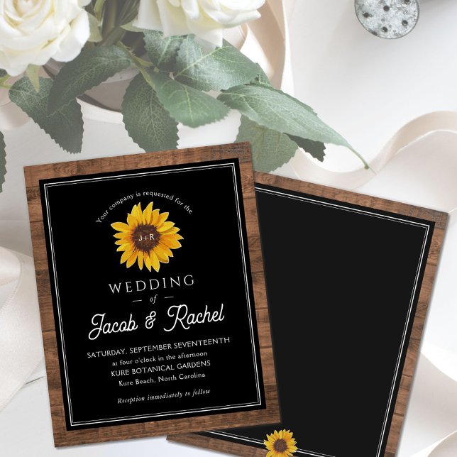 Rustic Sunflower Monogram Wood Wedding Invitation (Creator Uploaded)