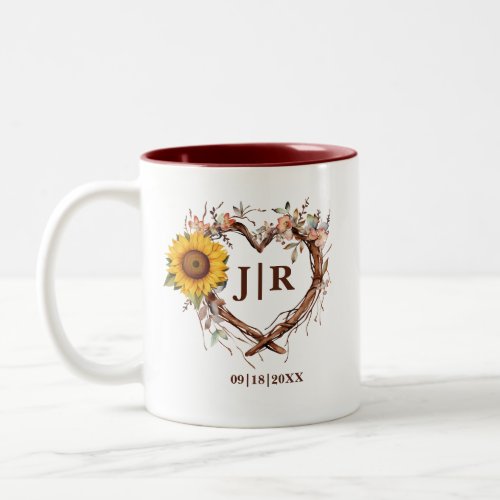 Rustic Sunflower Monogramed Heart Shaped Branch Two_Tone Coffee Mug