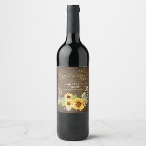 Rustic Sunflower Mr and Mrs Floral Watercolor Wood Wine Label