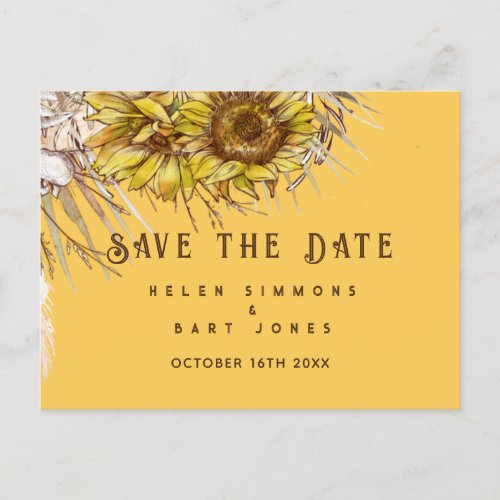 Rustic Sunflower Mustard Square Save the Date Postcard