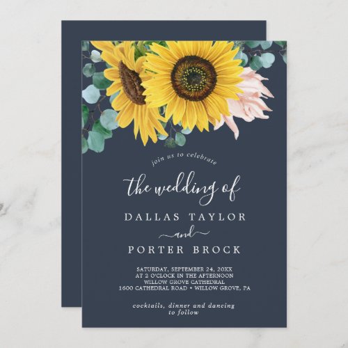 Rustic Sunflower  Navy All In One Wedding Invitation