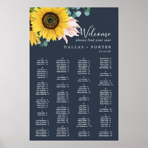 Rustic Sunflower  Navy Alphabetical Seating Chart