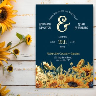 Rustic Sunflower Navy Blue Ampersand Wedding Gold