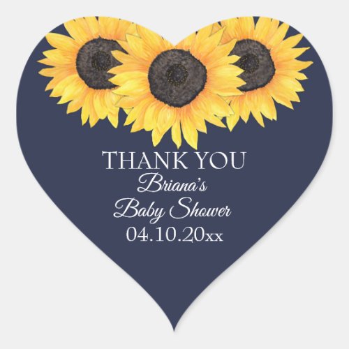 Rustic Sunflower Navy Blue Baby Shower Heart Sticker