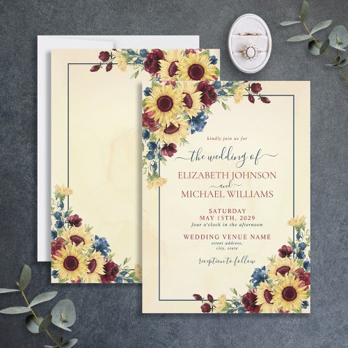 Rustic Sunflower Navy Blue Burgundy Floral Wedding Invitation